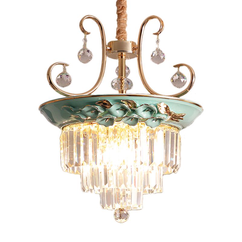 Green Tiered Hanging Chandelier Retro Crystal 3 Heads Pendant Light Fixture for Living Room