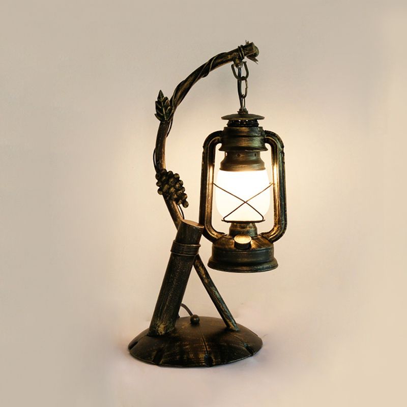 Opal Glass Lantern Table Lamp Vintage 1 Head Bedroom Desk Light in Brass with Metal Angled Arm