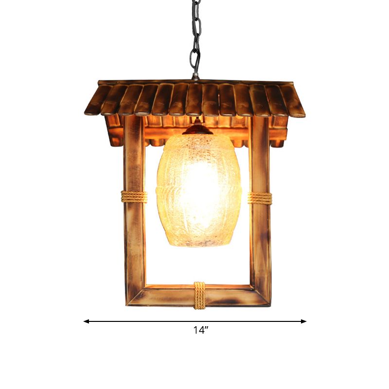 Rectangle Hanging Ceiling Light Rustic Bamboo 1 Bulb Foyer Pendant Lamp with Crackle Glass Shade in Beige