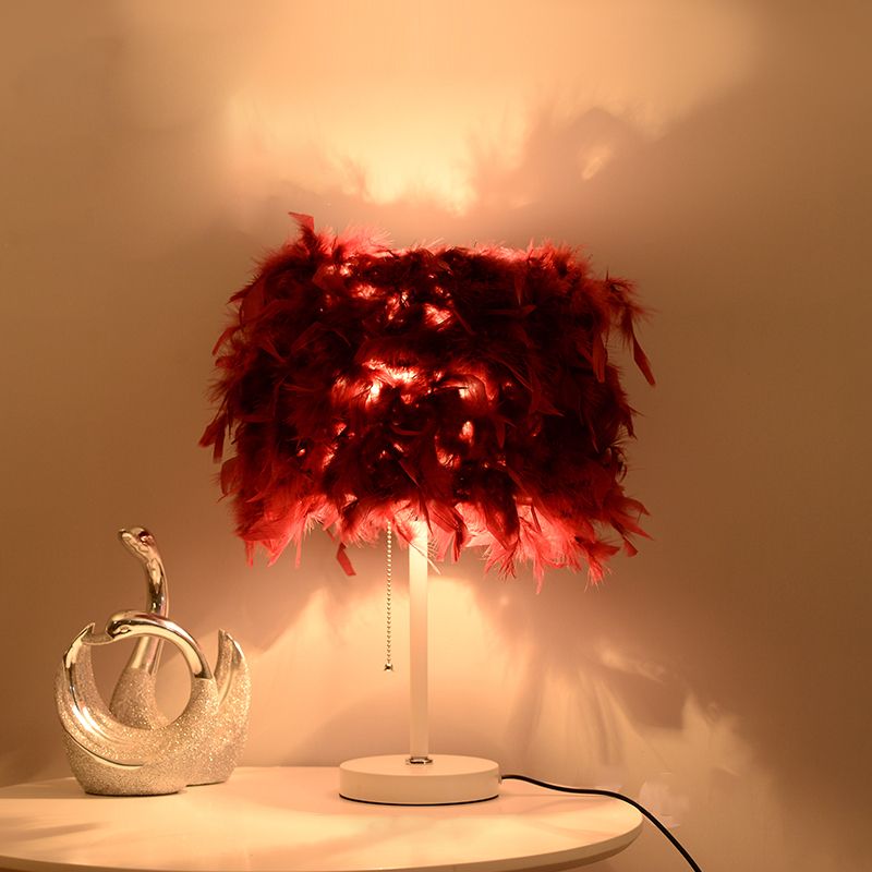 White/Red/Pink Cylindrical Table Lamp Romantic Modern 1 Bulb Feather Pull-Chain Nightstand Light