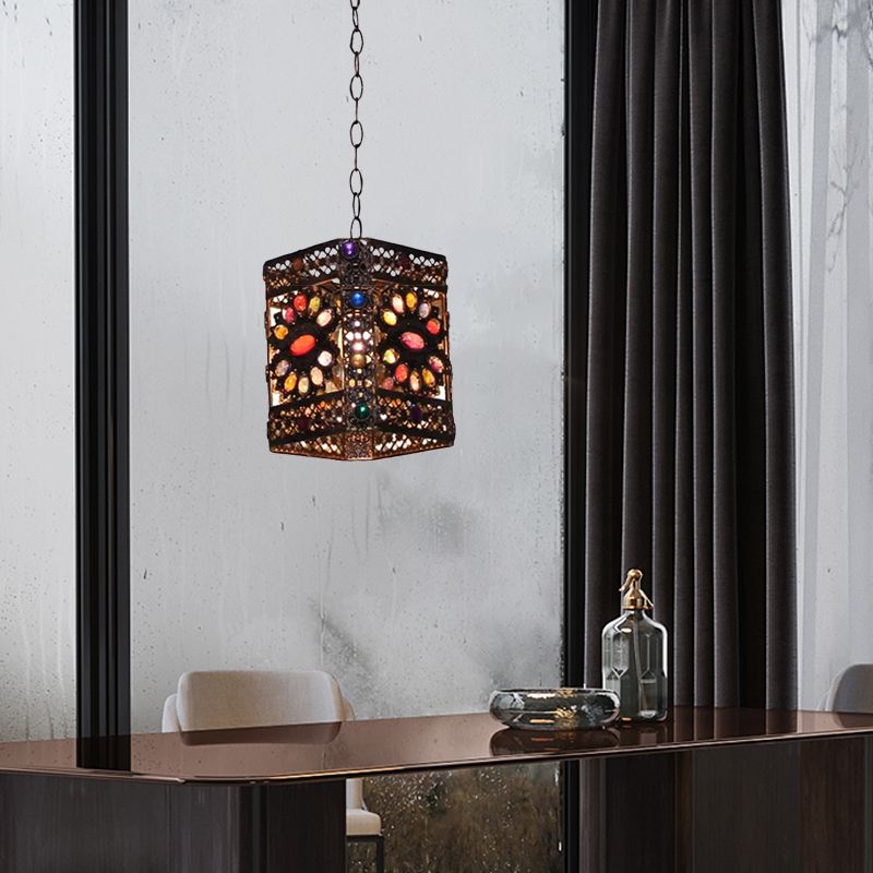 Stained Glass Rust Hanging Light Globe/Rectangle 1 Head Traditional Suspension Lamp for Dining Room