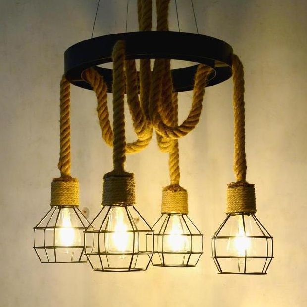 4/6 Bulbes Dome Cage Light Retro Style Brown Brow and Metal Chandelier Pendant Light for Halway