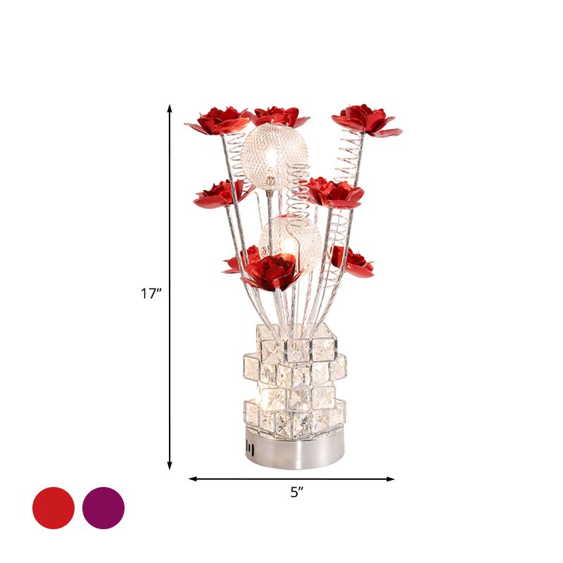 Art Decor Floral Table Lamp LED Aluminum Desk Light with Crystal Block Base in Purple/Red for Bedside