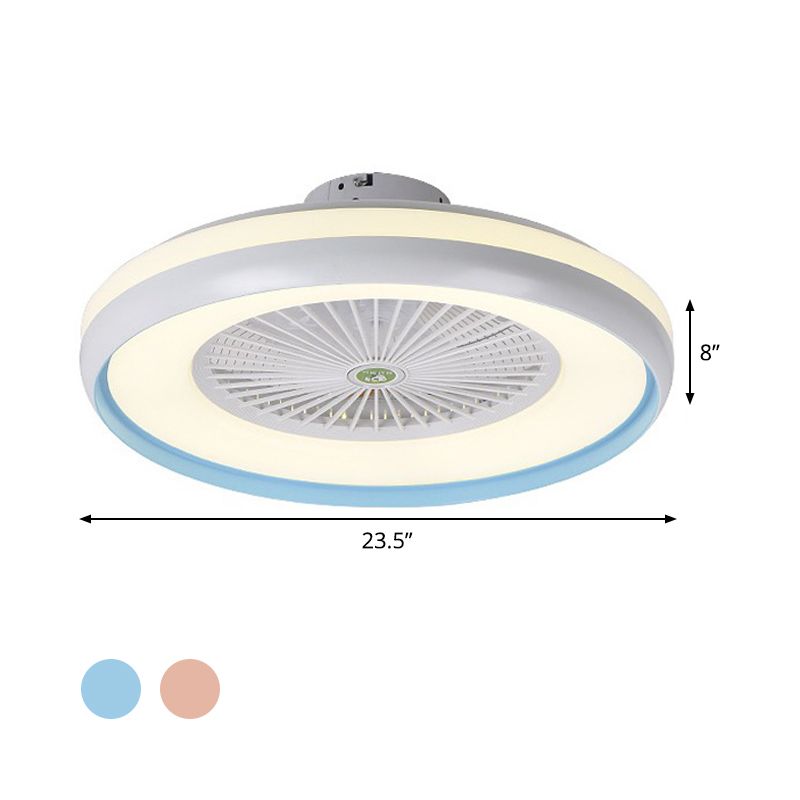 Circular Bedroom Semi Flush Lighting Kids Acrylic Pink/Blue Finish 5 Blades LED Pendant Fan Lamp, 23.5" W