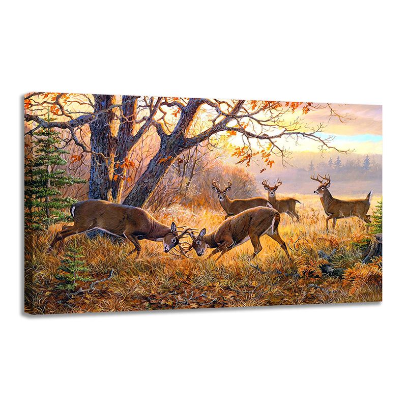 Farmhouse Stag Fight Art Print Gold Wild Land Scenery Wall Decor for Dining Room