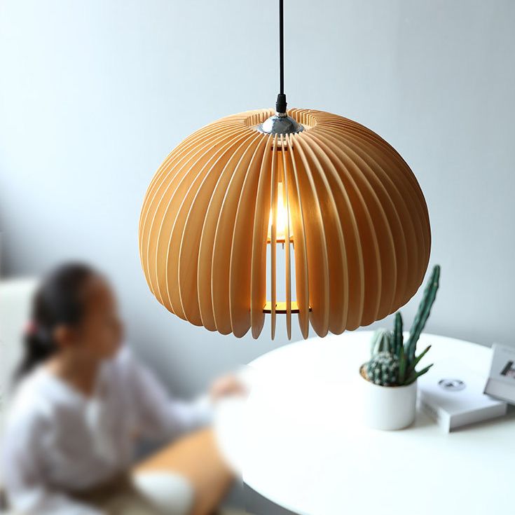 Luz de calabaza de madera de madera beige estilo chino 1 lámpara colgante de techo de restaurante ligero