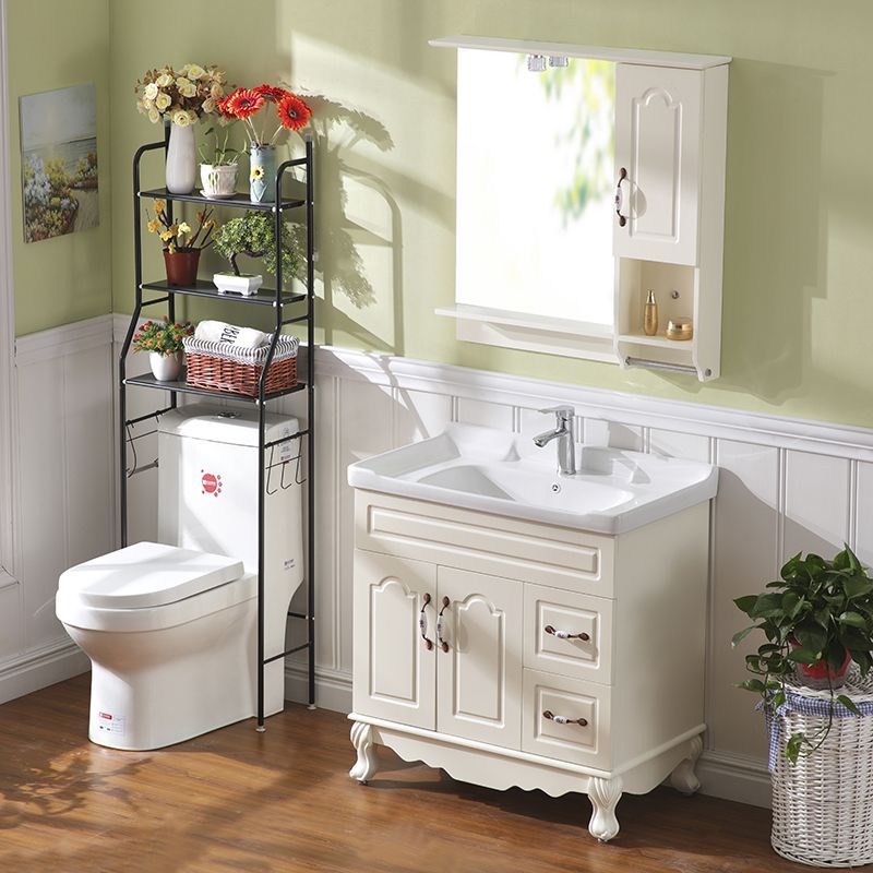 Freestanding Bathroom Vanity Single Sink White Mirror 2 Doors Vanity with Drawers