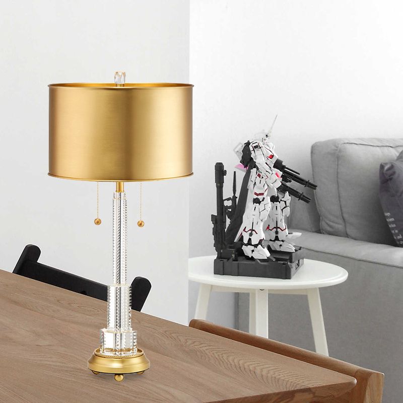 Clear Crystal Layered Table Lamp Rural Single Bulb Bedroom Night Light in Gold with Drum Metal Shade