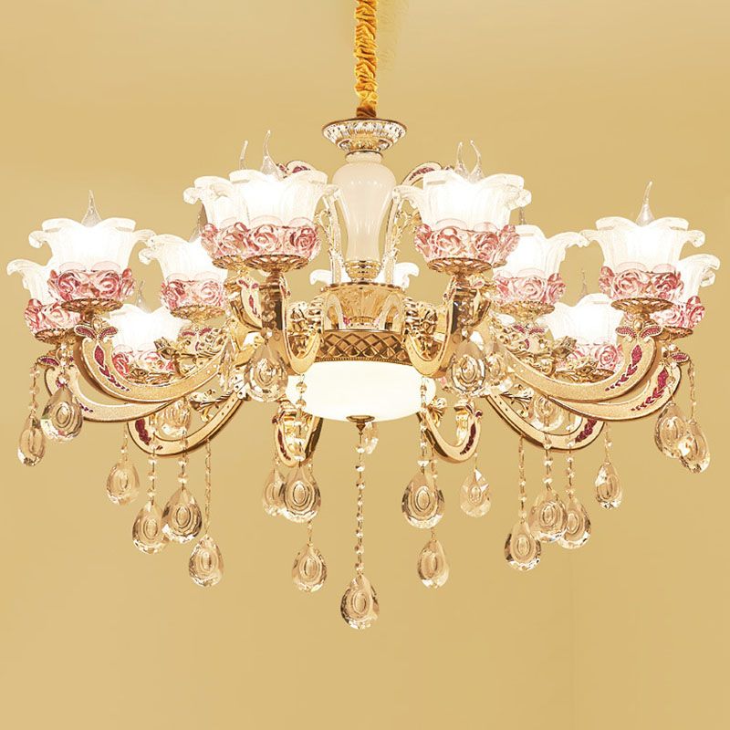 Modern Flower Hanging Chandelier Frosted Glass Living Room Drop Pendant with Dangling Crystal Accent