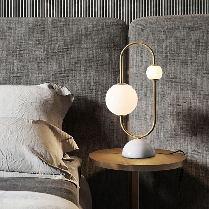 Marble Dome Base Table Lamp Postmodern 2 Heads Gold LED Nightstand Light with Ball Frosted Glass Shade