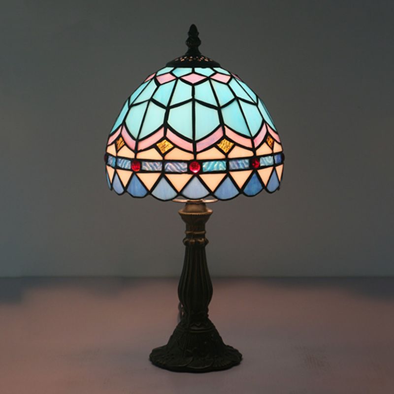 1 Bulb Table Lighting Tiffany Bowl Shaped Stained Art Glass Night Lamp in Yellow/Blue with Baluster