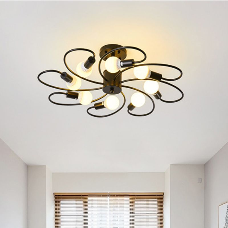 Bare Bulb Industrial Retro Semi-Flush Mount Radial Cast Iron Ceiling Light