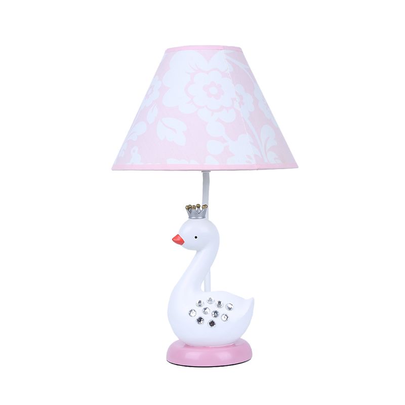 White Goose Night Light Cartoon 1 Bulb Resin Reading Lamp with Barrel Fabric Shade for Bedroom