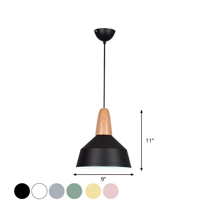 Barn Dining Room Pendant Lighting Aluminum 1 Bulb Macaron Ceiling Hang Lamp in Green/Grey/Pink with Wood Grip