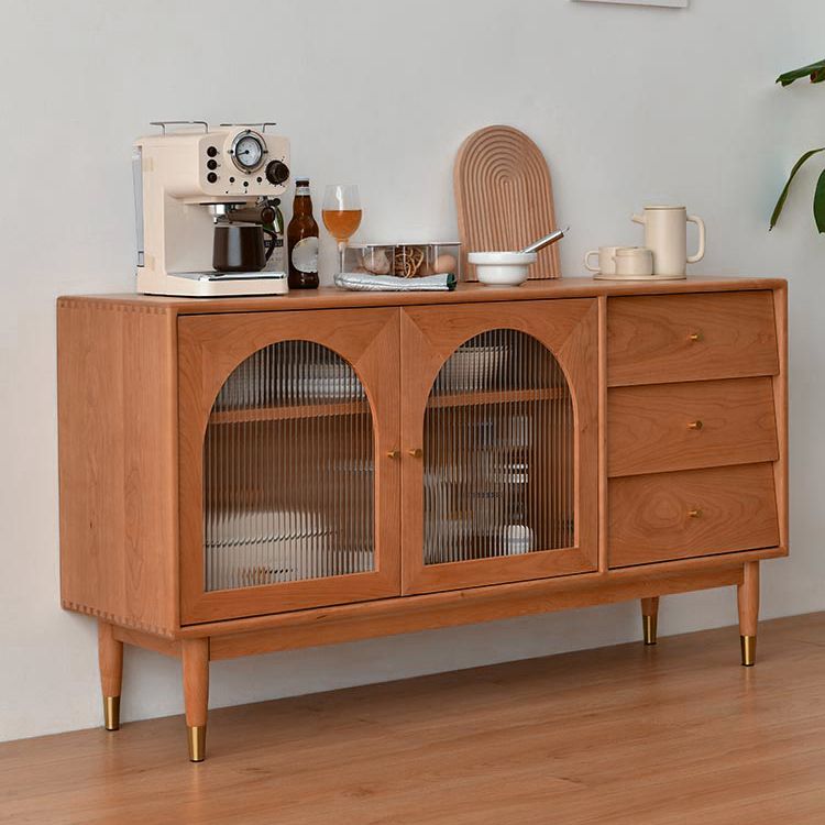 Modern Glass Doors Buffet Table Pine Sideboard Table with Drawers for Kitchen