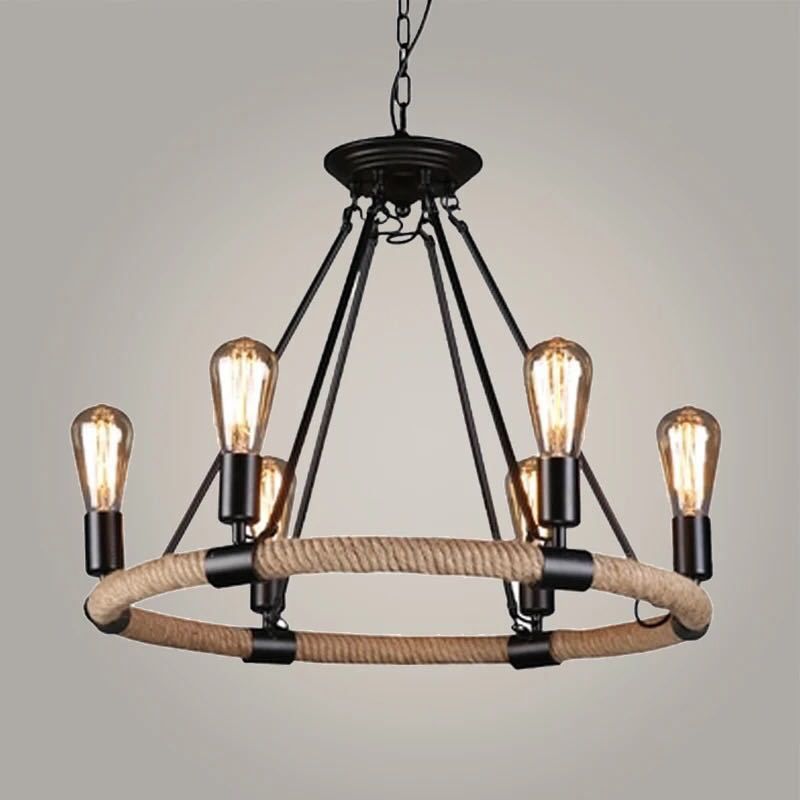 Vintage Industrial Style Round Chandelier Hemp Rope Open Bulb Design Restaurants Suspension Lighting Fixture