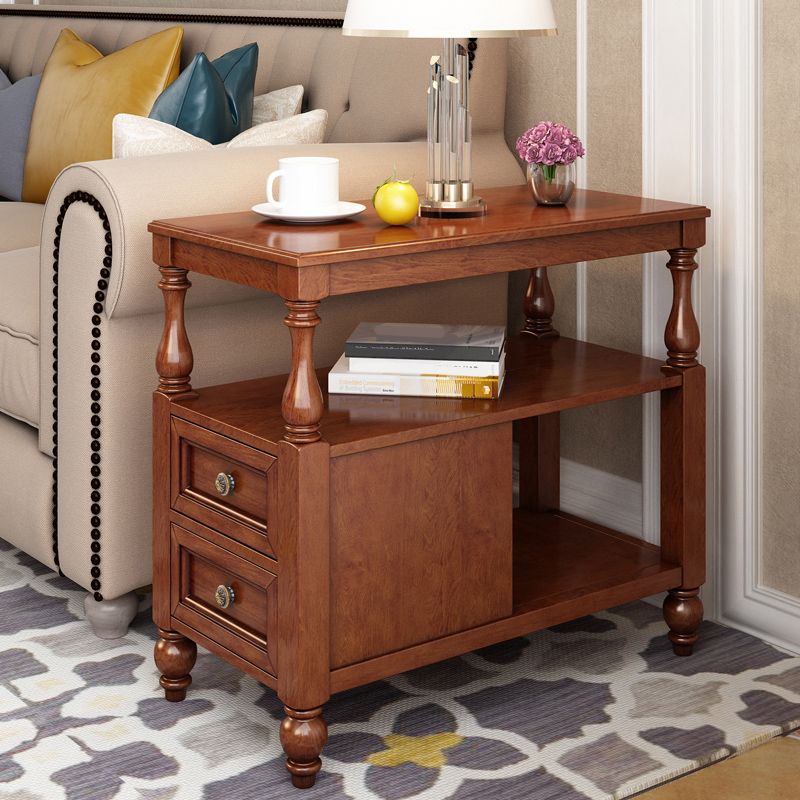 4 Legs Side Table Modern Wood Gold 2-Drawer Side End Snack Table