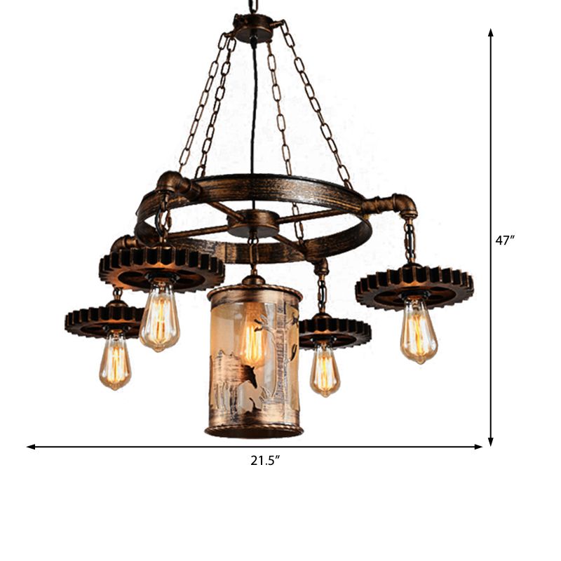 Metal Cylinder Hanging Chandelier Vintage 5/7 Light Dining Room Pendant Light in Bronze with Gear