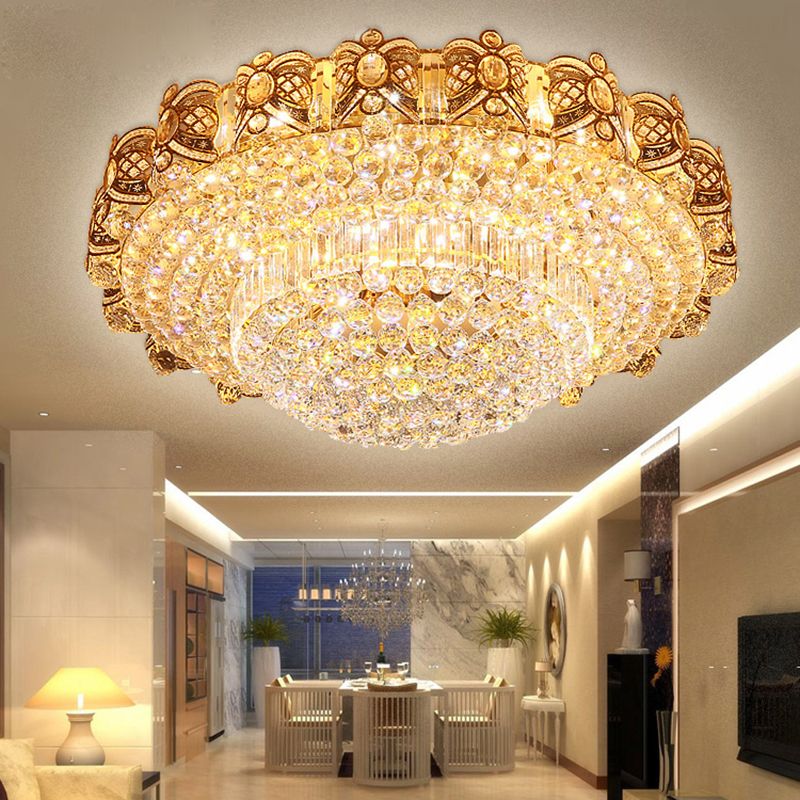 Contemporary Crystal Ceiling Light Fixture Integrated Led Round Flush Mount Light in Gold, 16"/23.5" Wide