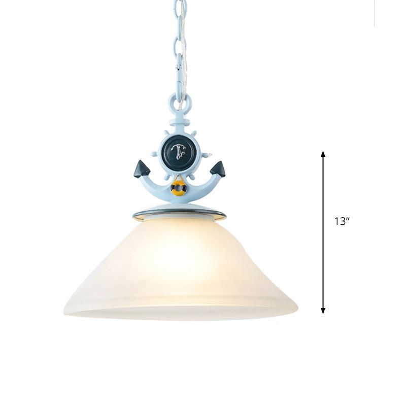 Restaurant Cafe Pendant Lighting Metal & Frosted Glass Nautical Style Hanging Lamp in Blue