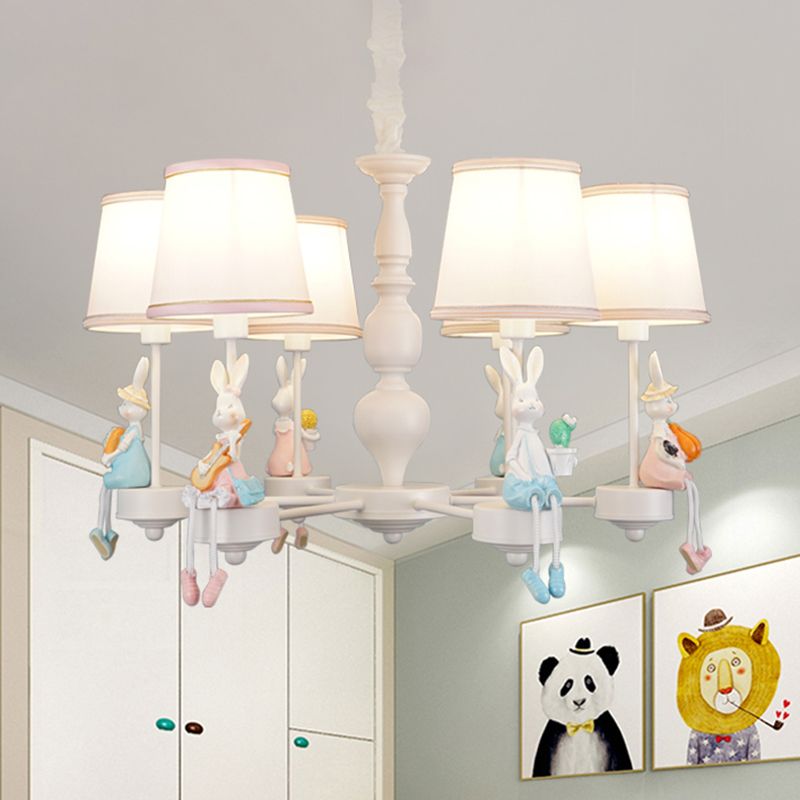 Cartoon konijn hars hangsel kroonluchter kinderen 5-head witte hangende lamp met taps toelopende stofschaduw