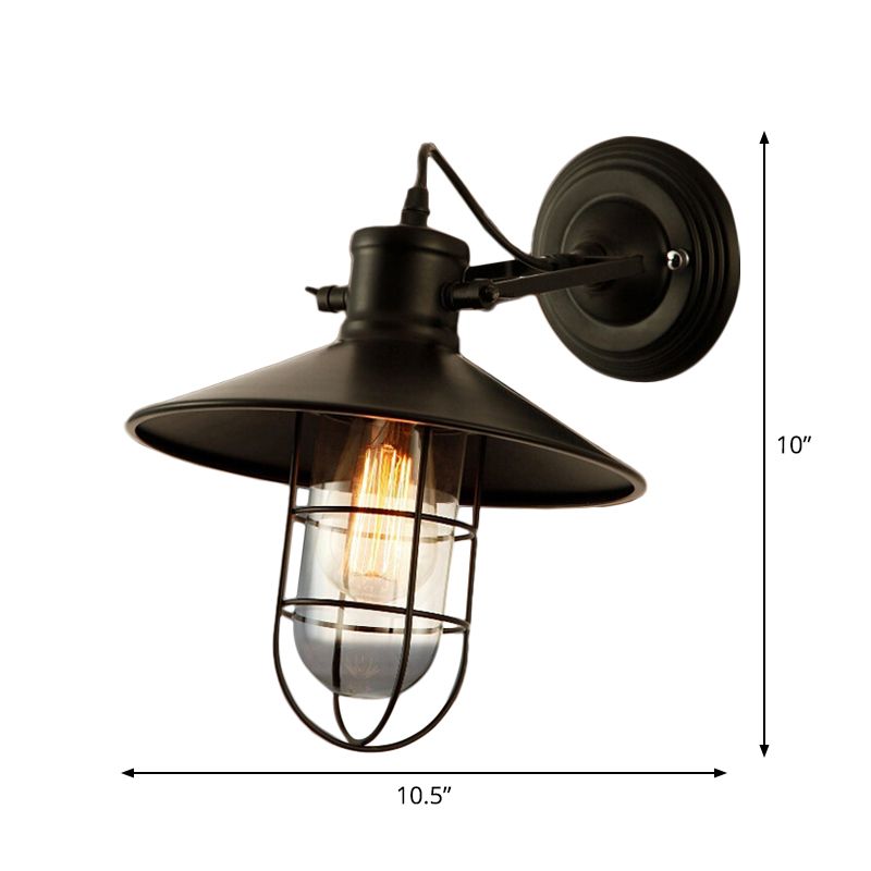 1 Bulb Clear Glass Wall Lighting Farmhouse Black Wire Cage Kitchen Adjustable Wall Lamp with Saucer Top