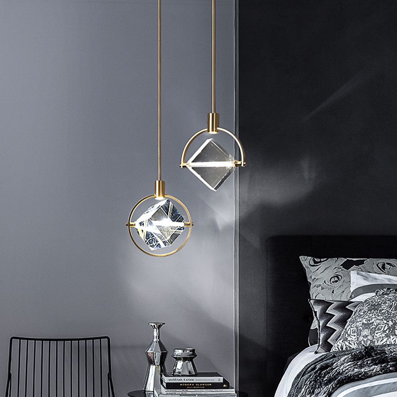 Geometric Hanging Light Fixtures Modern Gold Suspension Pendant Lights with Clear Crystal Shade