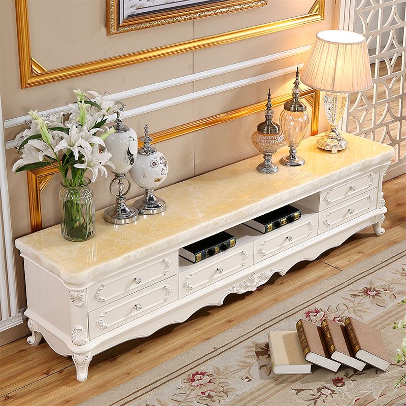 European Marble Living Room TV Cabinet White Solid Wood TV Console