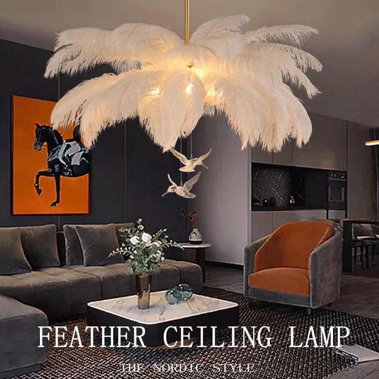 Ostrich Feather Ceiling Chandelier Modern Nordic Creative White Hanging Ceiling Light for Bedroom