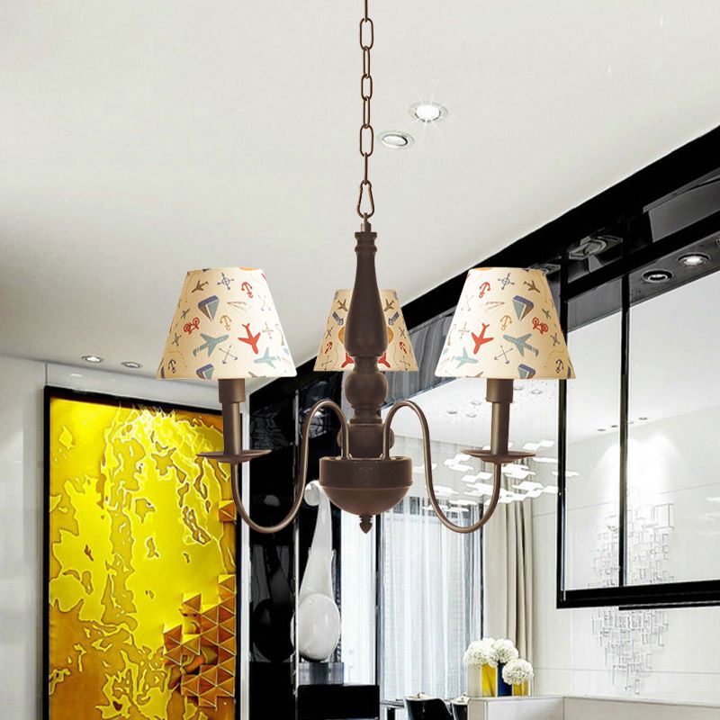 Kids Swoop Arm Iron Chandelier 3/5 Lights Suspended Lighting Fixture in Black with Conic Printed Fabric Shade