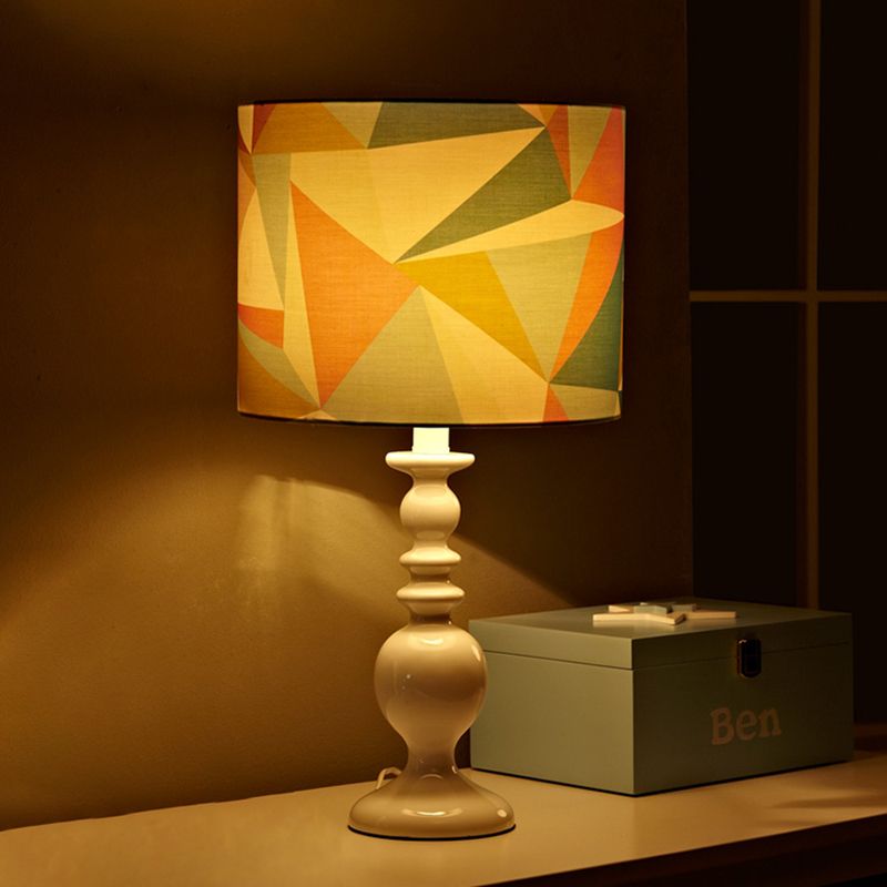 Drum Shade Night Table Light Kids Fabric 1 Head Pink/Blue Nightstand Lamp with Geometric Pattern