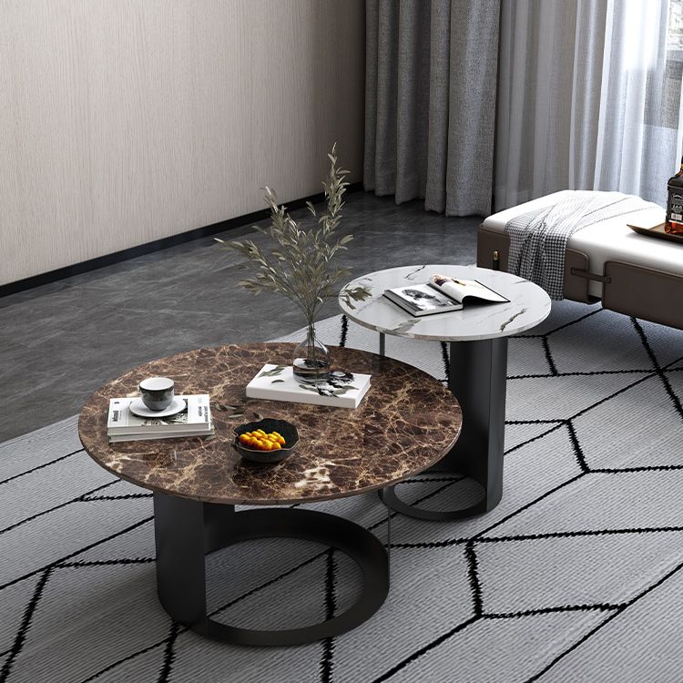 Single Round Pedestal Black Coffee Cocktail Table with Marble Top