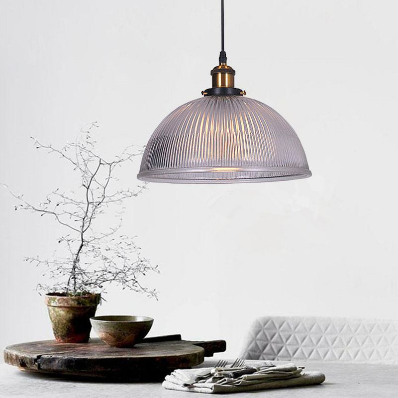 Single Ceiling Light Industrial Dome Clear Ribbed Glass Hanging Pendant Light for Restaurant