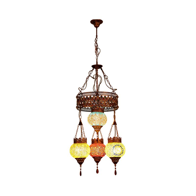 4 Heads Ceiling Chandelier Traditional Lantern Stained Glass Suspension Lighting Fixture in Copper for Restaurant