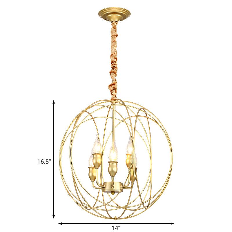 Globe Cage Metal Candle Chandelier Industrial 5 Bulb Dining Room Pendant Chandelier in Gold