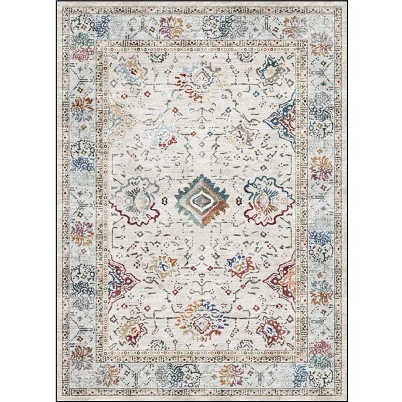 Shabby Chic Medallion Pattern Rug Grey Polyester Rug Machine Washable Non-Slip Backing Area Rug for Living Room