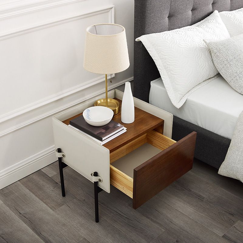 Contemporary Faux Leather Nightstand 1 - Drawer Nightstand with Wood Accents