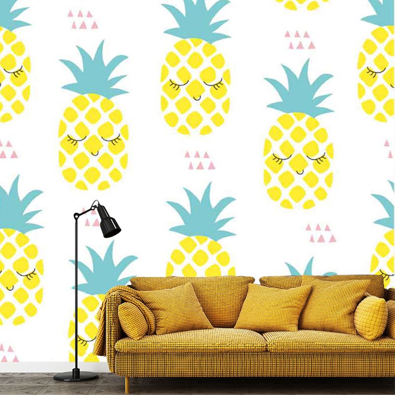 Food Pineapple Wall Paper Murals Kids Style Non-Woven Fabric Wall Decor in Yellow and Green