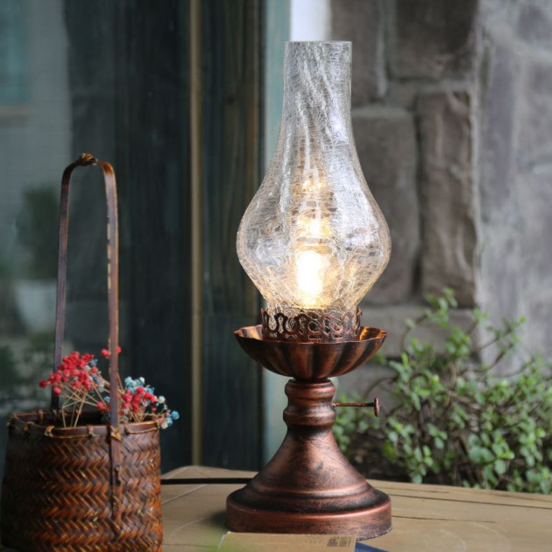 1 Light Yellow/Clear Crackle Glass Table Lamp Industrial Copper Finish Vase Shade Bedroom Desk Lighting