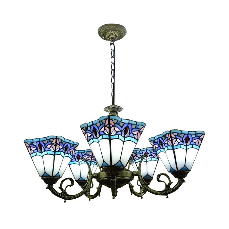 5 Lights Pyramid Chandelier Lighting Tiffany Mission Stained Glass Pendant Light with Curved Arm