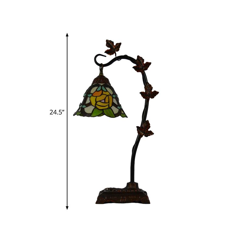 Rose/White/Dragonfly Nightstand Mediterranean Stained Glass Single Head Brown Table Lamp with Bridge Arm