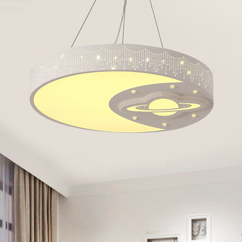 Metal Round Pendant Light with Moon and Planet Living Room Kids Chandelier in White