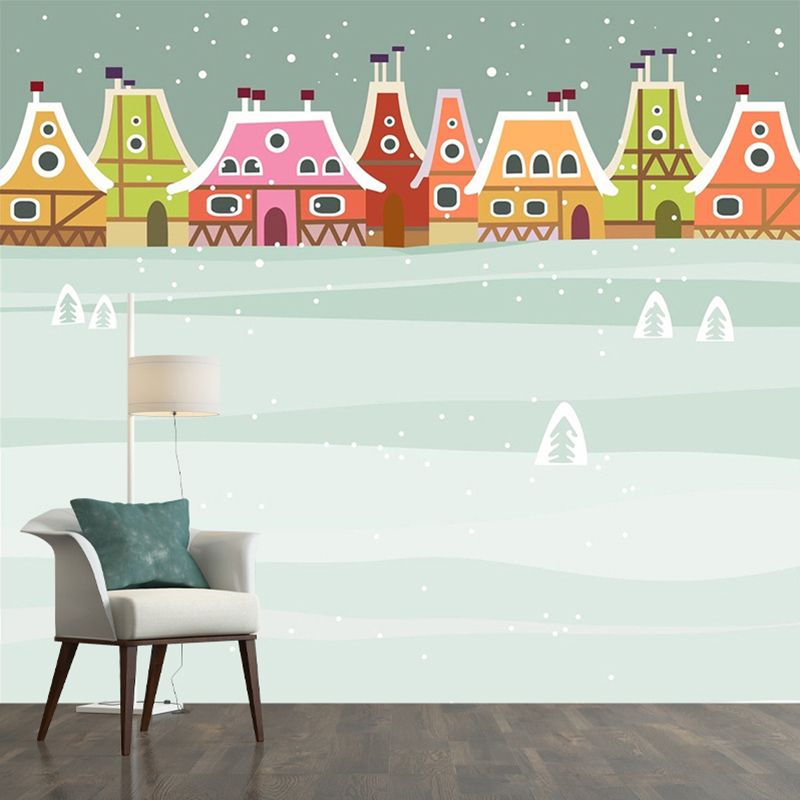 Fantasy Snowy Town Wallpaper Murals for Nursery Customized Wall Decor in Pink-Green-Grey