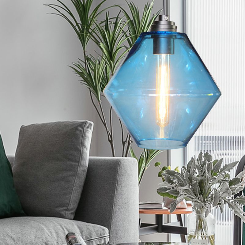 Single Light Diamond Shade Ceiling Pendant Light Vintage Black Orange/Blue/Green Glass Hanging Lamp