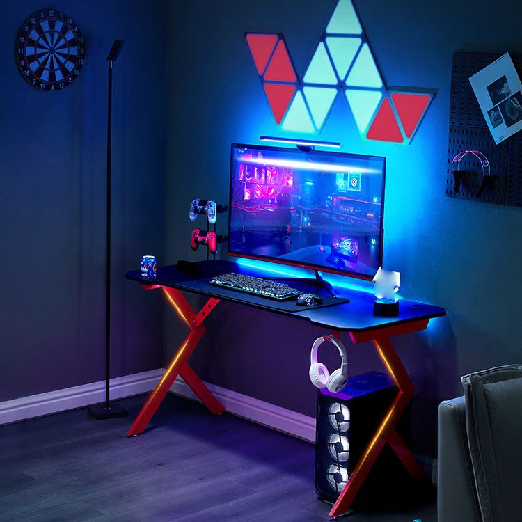 Rectangular Computer Table with Esports Style Black Top and Red Metal Legs