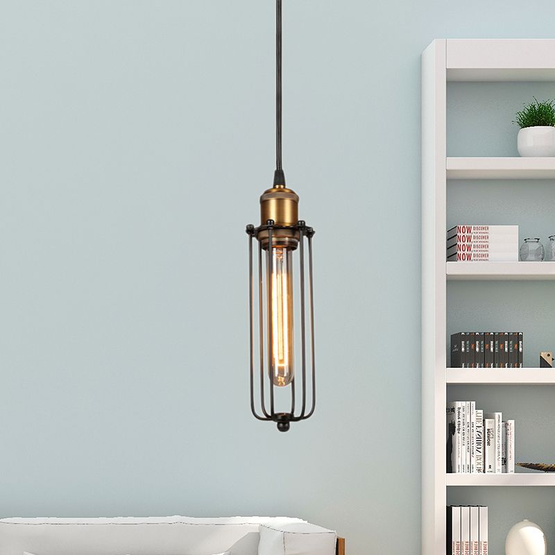 1 Head Tubed Pendant Lighting with Cage Shade Industrial Brass Finish Metal Hanging Ceiling Light