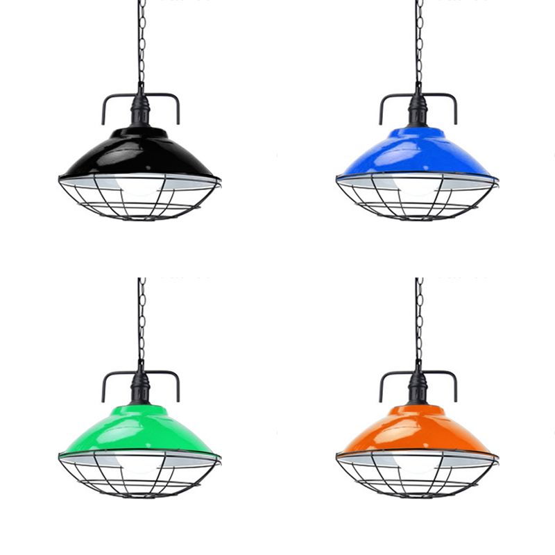 11 "/ 14" dia 1 dôme léger lampe suspendue industrielle Black / Blue Metal Pendant Lighting avec cage métallique pour intérieur