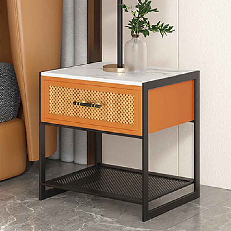 Stone Top Storage Nightstand Metal Night Table with Shelves and Drawer