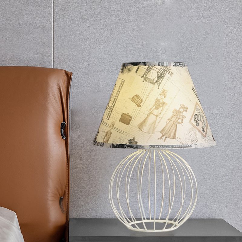 White 1-Light Desk Lamp Traditionalist Fabric Night Table Light with Spherical Wire Cage Base