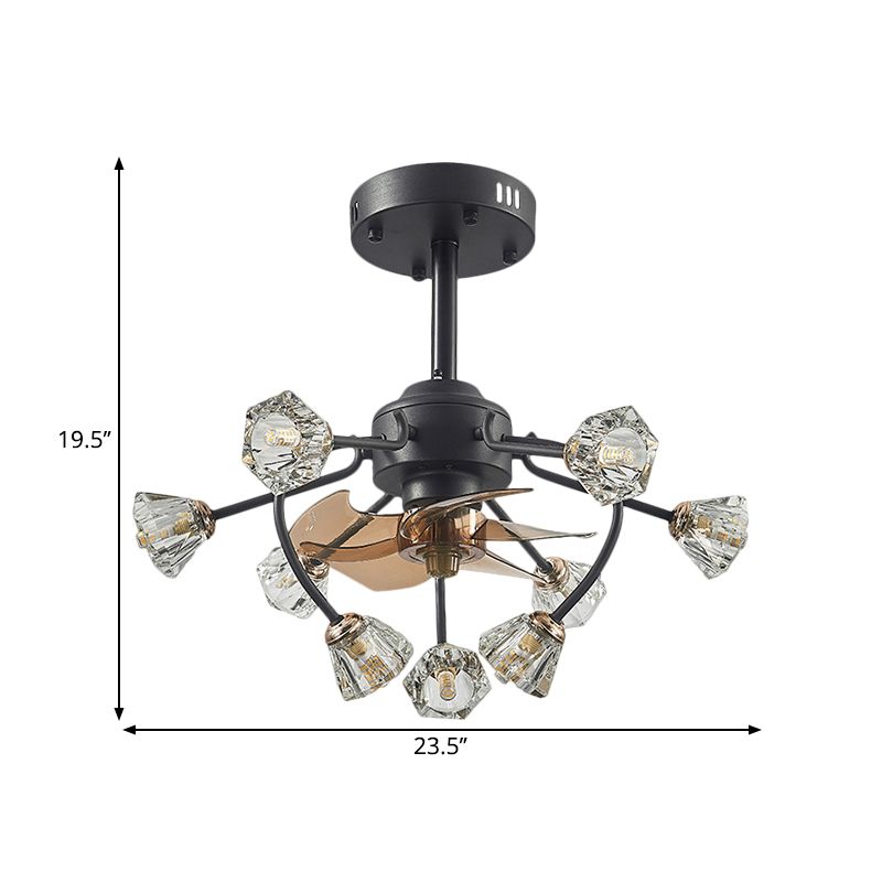 Traditional Curvy Arms Hanging Fan Lamp 9 Heads Crystal Bell Shade 5 Blades Semi Flush Light in Black, 23.5" Width